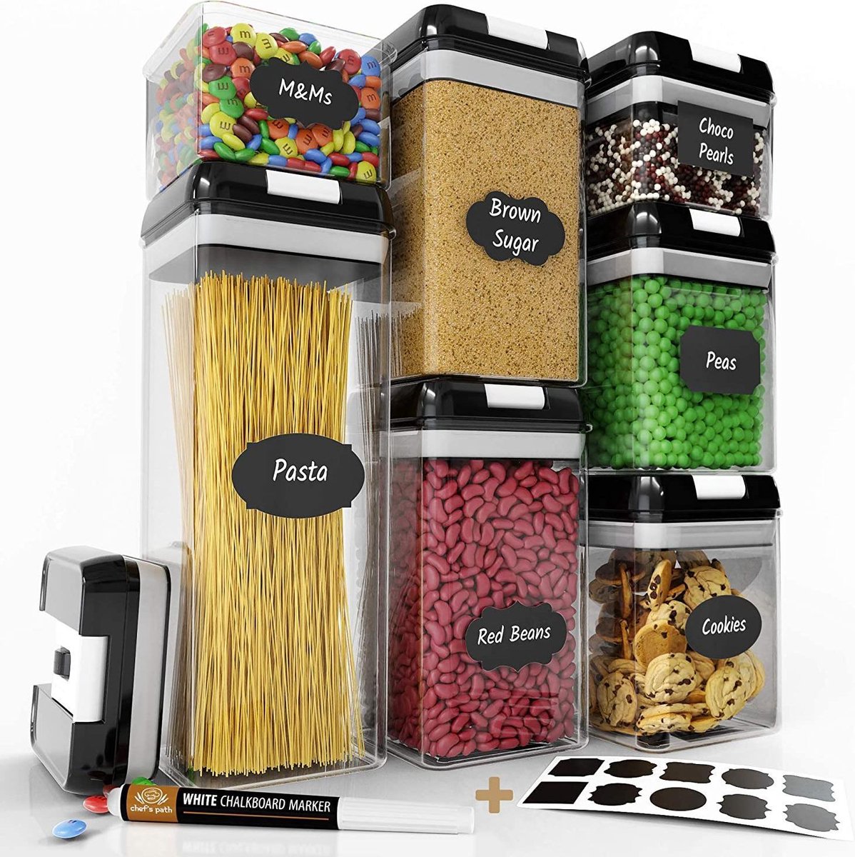 Chef's Path - Set Van 7 Luchtdichte Voedselcontainers Voor In De Keuken Transparant Plastic Duurzame Sterke Deksels Etiketten En Krijtstif~p134699618