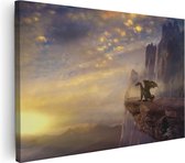 Artaza Canvas Schilderij Draak op een Rots bij Zonsondergang - 120x80 - Groot - Foto Op Canvas - Wanddecoratie Woonkamer