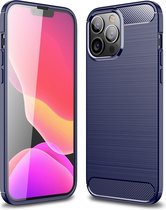 iPhone 13 Pro Max Hoesje - MobyDefend TPU Gelcase - Geborsteld Metaal + Carbonlook - Navy Blauw - GSM Hoesje - Telefoonhoesje Geschikt Voor Apple iPhone 13 Pro Max