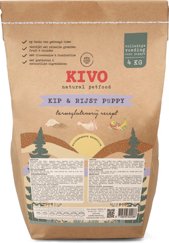Kivo Petfood - Puppybrokken koudgeperst Kip & Rijst 4 kg - Tarweglutenvrij