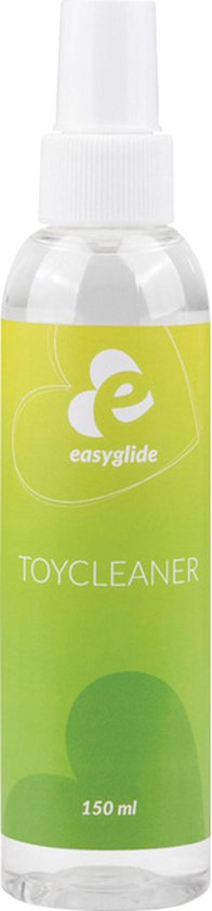 Bouteille EasyGlide Toycleaner 150 ml debout avec étiquette verte et jaune, bouchon blanc et buse, sur fond blanc.