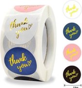 500x 'Thank you' stickers - Zwart/Blauw/Roze/Wit - Hobby - Kaart stickers - Stickers - Bedankt stickers - Thank you stickers - Trouwerij - Bruiloft - Goudkleurig - Rond - Op rol -