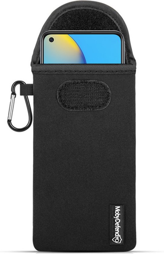 Coque pour Oppo A74 4G, pochette en néoprène MobyDefend avec mousqueton, étui d'insertion, étui à boucle de ceinture, Zwart | Coque GSM / coque de téléphone adaptée pour : Oppo A74 4G.