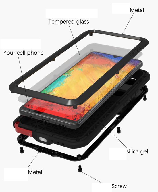 Exploded view van een telefoonhoes: metaal, gehard glas, je telefoon, silicagel, schroef.