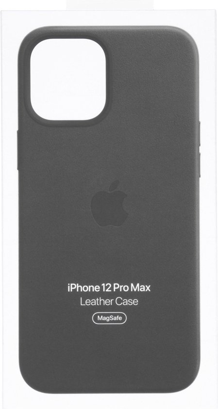 Zwarte iPhone 12 Pro Max leren hoes in verpakking. Tekst: 'iPhone 12 Pro Max Leather Case MagSafe'.