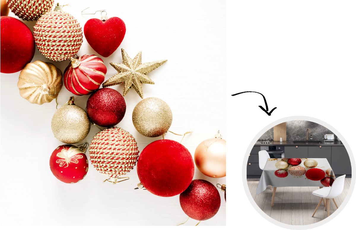 Kerst Tafelkleed - Kerstmis Decoratie - Tafellaken - Winter - Rood - Kerstballen - 150x150 cm - Kerstmis Versiering