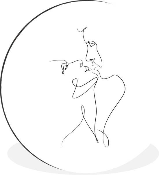 Cercle mural - Cercle mural - Dessin au trait abstrait d'un couple aux yeux fermés sur un carré de fond blanc - Aluminium - Dibond - 140x140 cm - Intérieur et Extérieur