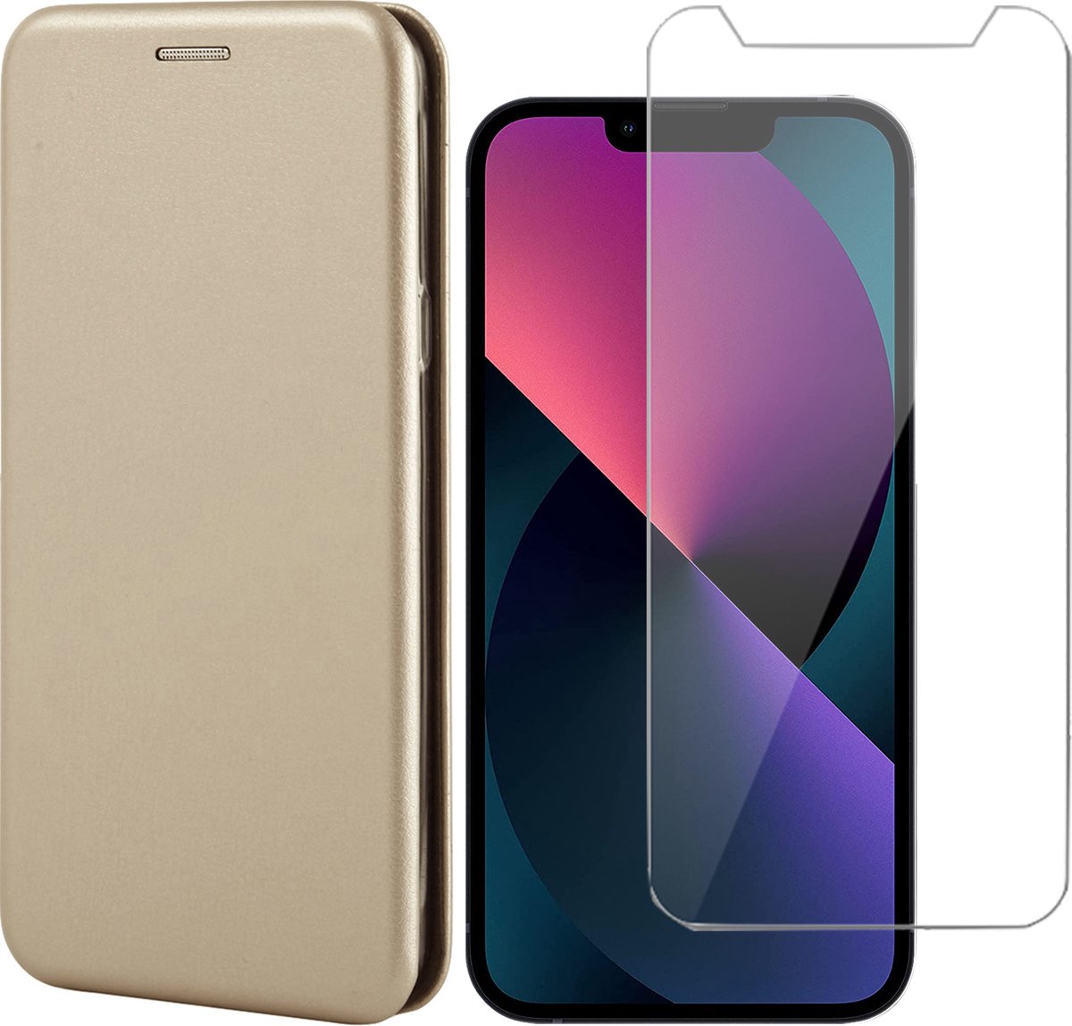 Hoesje geschikt voor iPhone 13 Pro en Screenprotector - Portemonnee Book Case - Goud