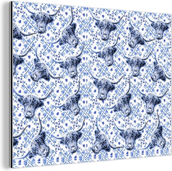 Wanddecoratie Metaal - Aluminium Schilderij Industrieel - Delfts blauw - Schotse hooglander - Dieren - 160x120 cm - Dibond - Foto op aluminium - Industriële muurdecoratie - Voor de woonkamer/slaapkamer