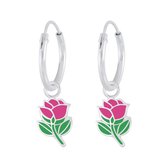 Joy|S - Zilveren bloem bedel oorbellen - roze roosje oorringen