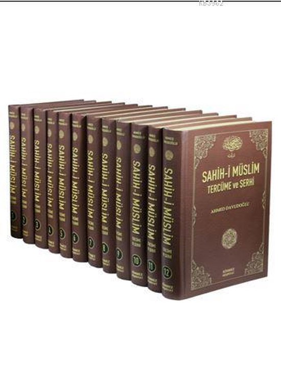 Een set van 12 bruine boeken met gouden letters, waarvan er één is geopend en de titel 'Sahih-i Muslim Tercüme ve Serhi' toont.