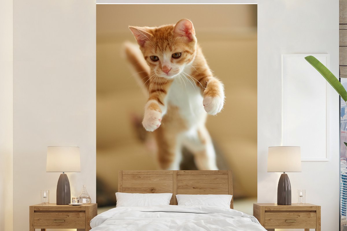 Behang - Fotobehang Een close-up van een springende kitten - Breedte 160 cm x hoogte 240 cm