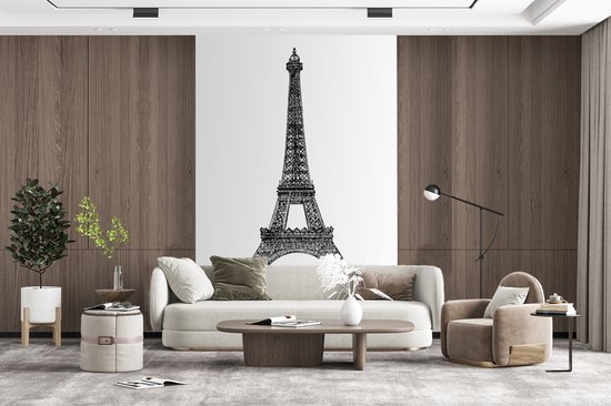 Papier peint photo vinyle - Une illustration de la Tour Eiffel en noir et blanc largeur 160 cm x hauteur 240 cm - Tirage photo sur papier peint (disponible en 7 tailles)