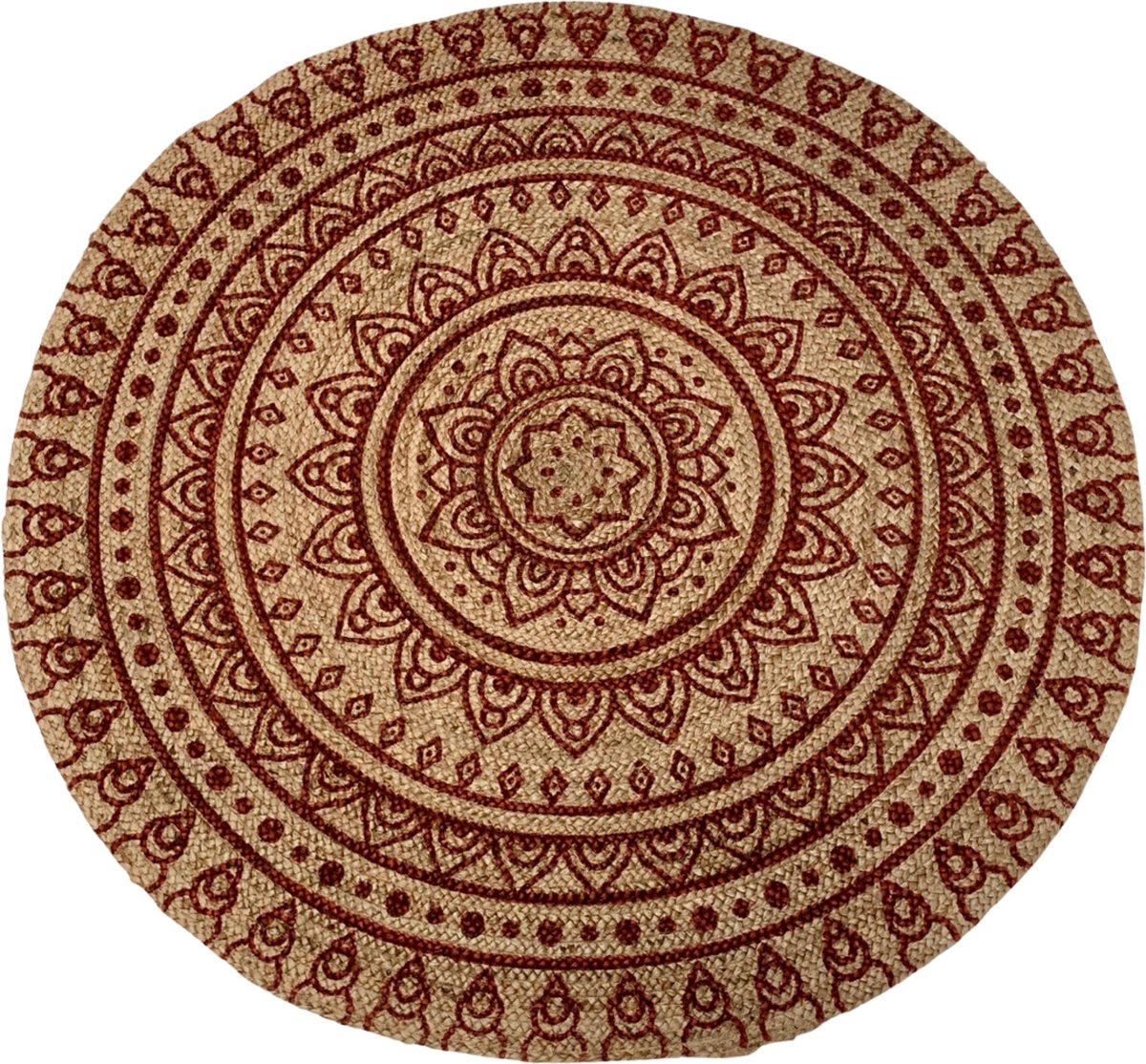 Rocaflor-Vloerkleed-Rond- Jute-Print-Bordeaux-Henna-Oosters-Mandala-rond-150cm