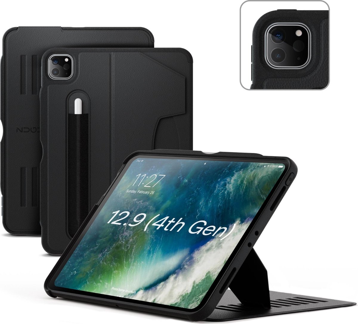 Zugu case - iPad Pro 12.9 (Gen 4 2020 / Gen 3 2018) - oersterke luxe flip-over case - volledige 360˚ bescherming – met multifunctionele standaard functie – geschikt voor Apple Pencil - Zwart