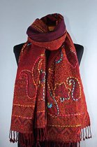 Wollen geborduurde sjaal en omslagdoek Brique-Rood