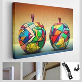 Twee decoratieve appels, gemaakt van hout en met de hand beschilderd. Handgemaakt. Moderne kunst uit één stuk - Modern Art Canvas - Horizontaal - 258943670