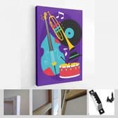 Set jazzfestival posters met saxofoon, trombone, klarinet, viool, contrabas, piano, trompet, basdrum en banjo, gitaar. Geschikt voor akoestische muziekevenementen en jazzconcerten