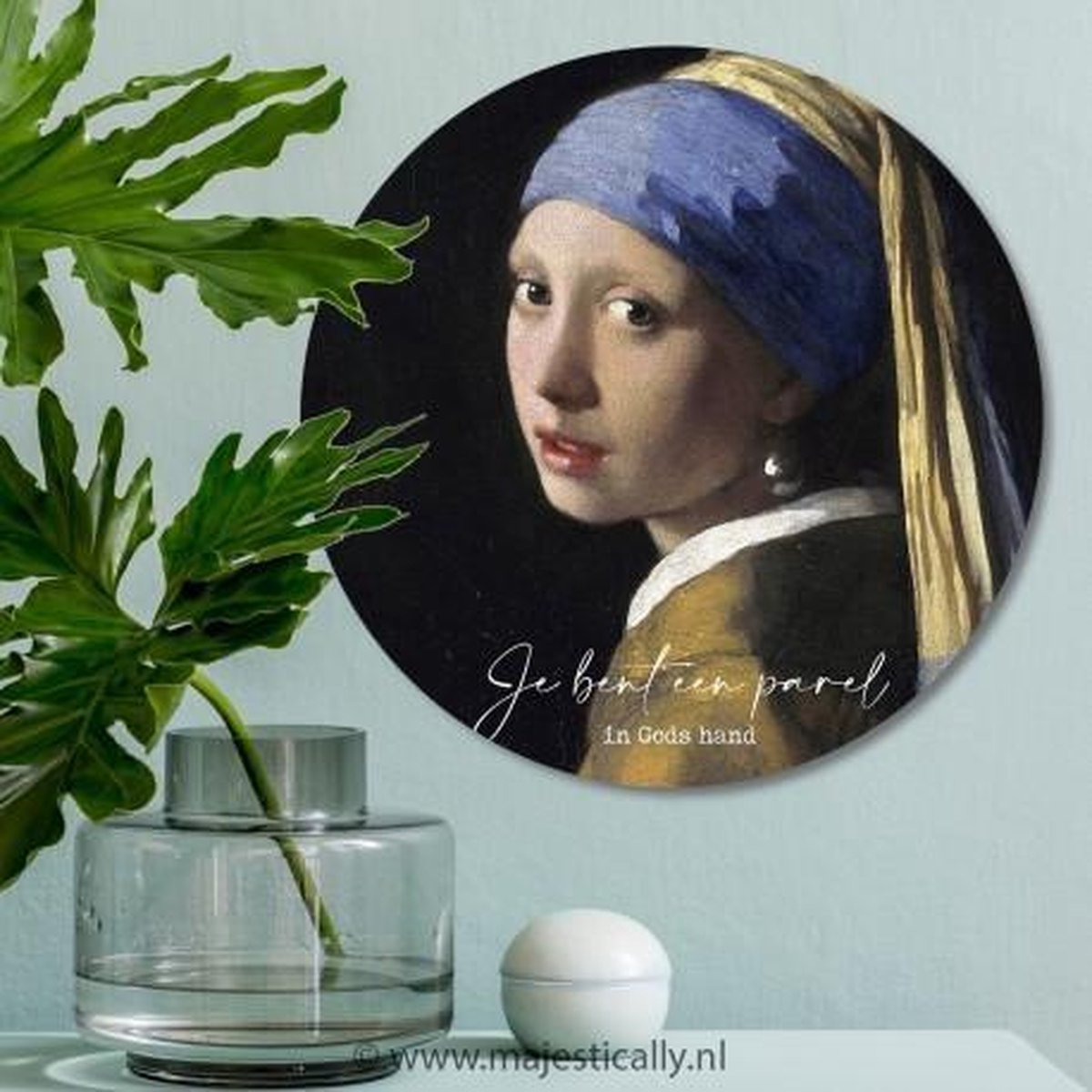 Muurdecoratie - Muurcirkel - Rond - Meisje met de parel - Je bent een parel in Gods hand - 30cm - Christelijk - Bijbel - Geloof - Majestically
