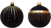Zwarte Matte Kerstballen met Gouden Glitter Lijntjes en Streepjes - Doosje met 6 glazen kerstballen
