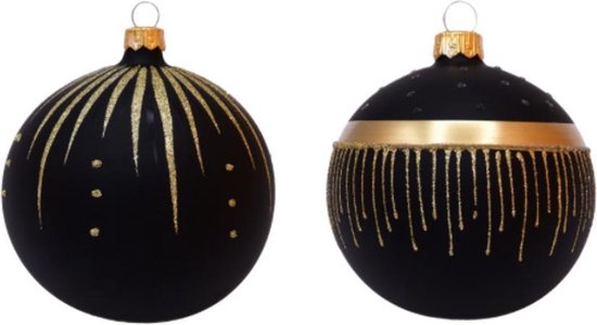 Zwarte Matte Kerstballen met Gouden Glitter Lijntjes en Streepjes - Doosje  met 6... | bol.com