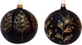 Zwarte Kerstballen met Gouden Blad Decoratie en Gouden Glitter Decoratie - Doosje met 6 glazen kerstballen