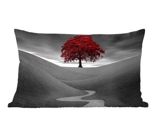 Coussins Coussins décoratifs - Coussin - Photo Zwart et blanc avec un arbre rouge - 50x30 cm - Coussin en coton