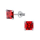 Joy|S - Zilveren vierkant oorbellen - cubic zirkonia - 7 mm rood
