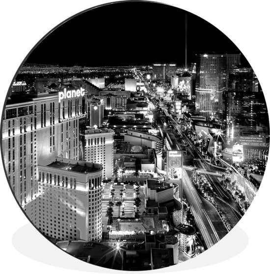 WallCircle - Wandcirkel - Muurcirkel - Nachtelijke skyline van Las Vegas - Verenigde Staten - zwart wit - Aluminium - Dibond - ⌀ 120 cm - Binnen en Buiten XXL