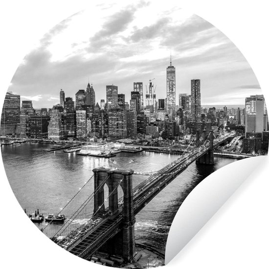 WallCircle - Muurstickers - Behangcirkel - Luchtfoto van de Hudson in New York - zwart wit - ⌀ 120 cm - Muurcirkel - Zelfklevend - Ronde Behangsticker XXL