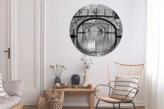 Cercle mural - Cercle mural - Vélo sur les canaux d' Amsterdam - noir et blanc - Aluminium - Dibond - 120x120 cm - Indoor et Outdoor XXL