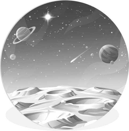 WallCircle - Wandcirkel ⌀ 30 - Een illustratie van een maan tussen de planeten - zwart wit - Ronde schilderijen woonkamer - Wandbord rond - Muurdecoratie cirkel - Kamer decoratie binnen - Wanddecoratie muurcirkel - Woonaccessoires