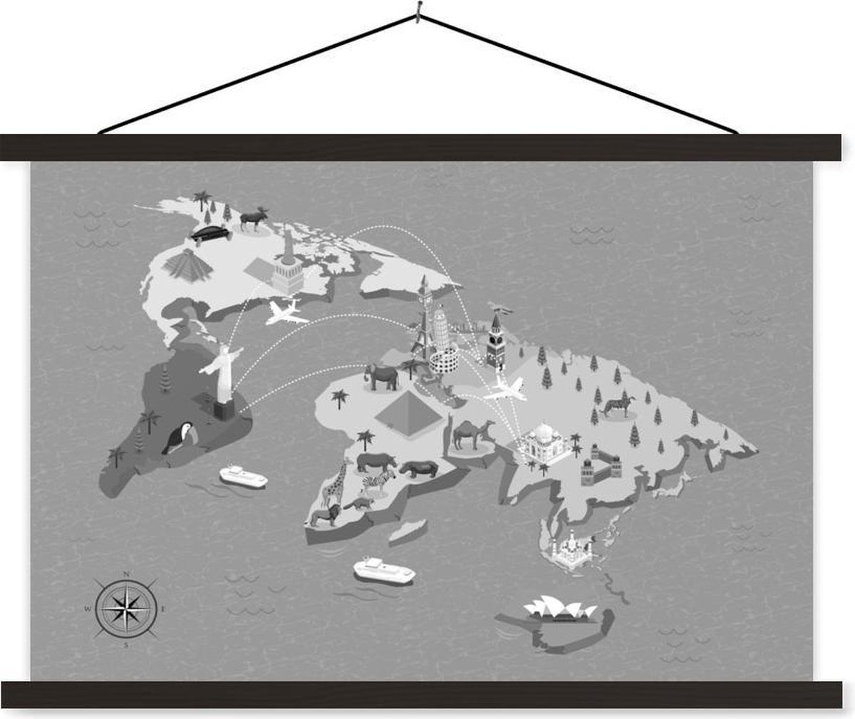 Afbeelding van product TextilePosters  Schoolplaat - Wereldkaart met bekende beelden - zwart wit - 120x80 cm - Zwarte latten