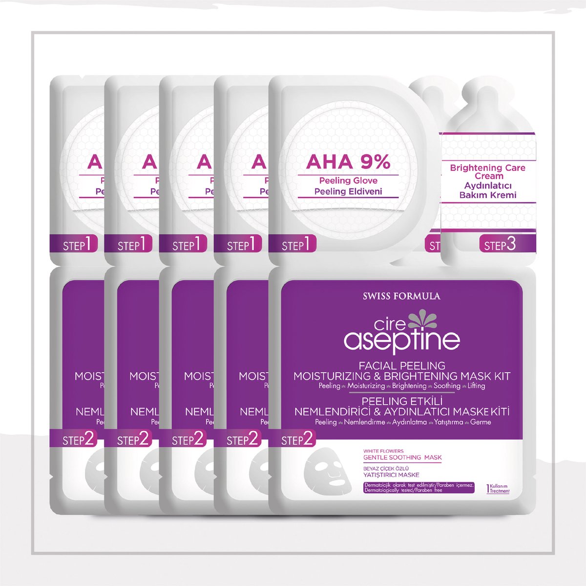 Cire Aseptine - AHA 9% Gezichtsmasker - Gezichtspeeling, hydraterende en verhelderende - 5 Stuks