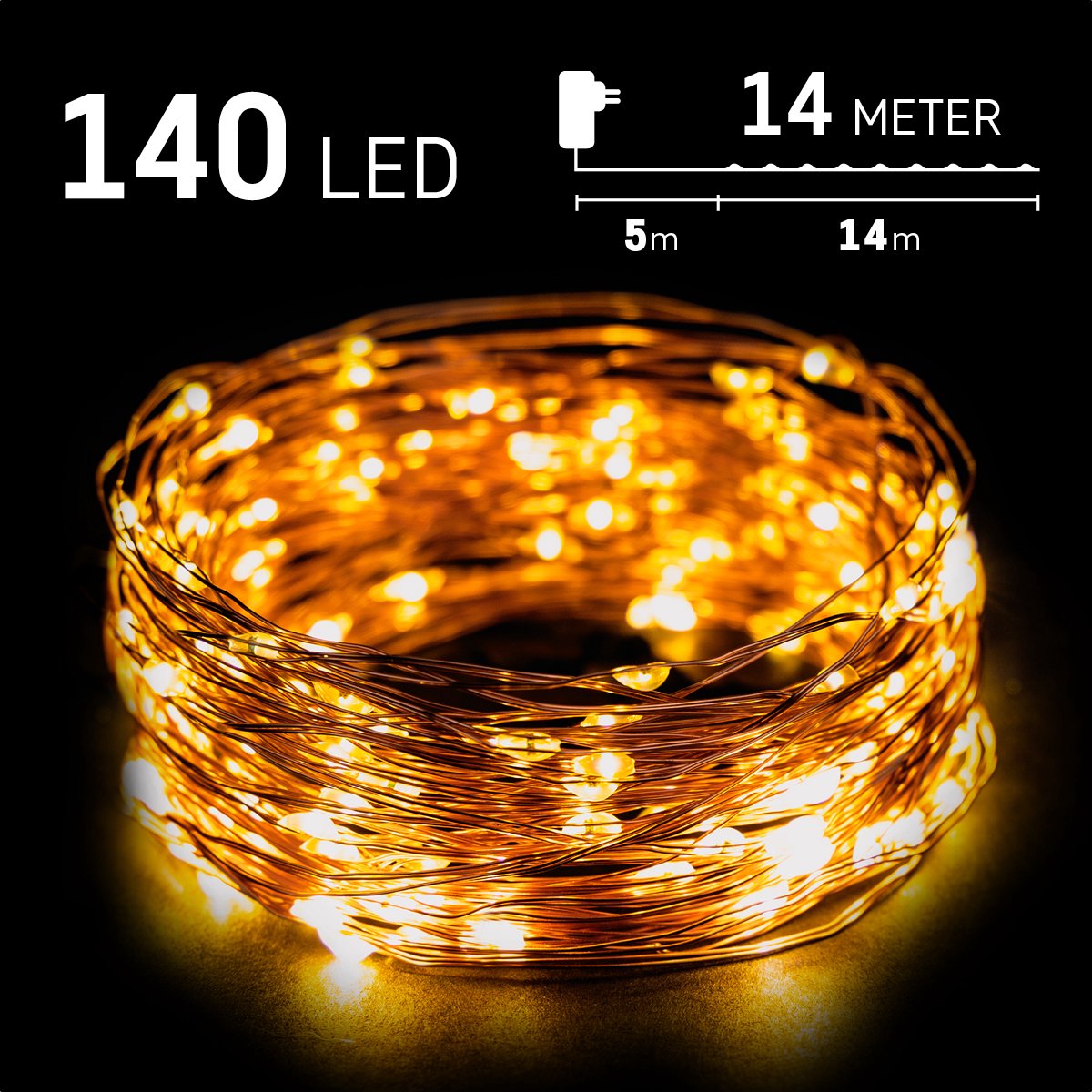 Bol.com Kerstverlichting buiten - 14 meter 140 LED - Warm Wit - Lichtsnoer Nano Koperdraad - IP44 Stekker met timerfunctie - Ker... aanbieding