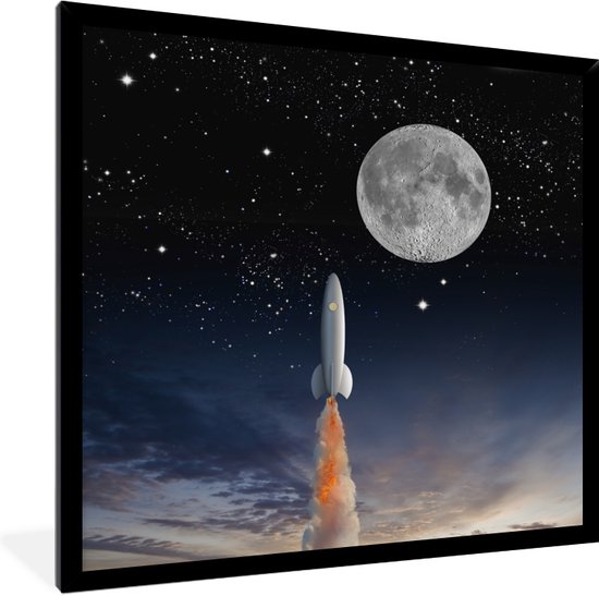 Fotolijst incl. Poster - Een illustratie van de space shuttle en de volle maan - 40x40 cm - Posterlijst