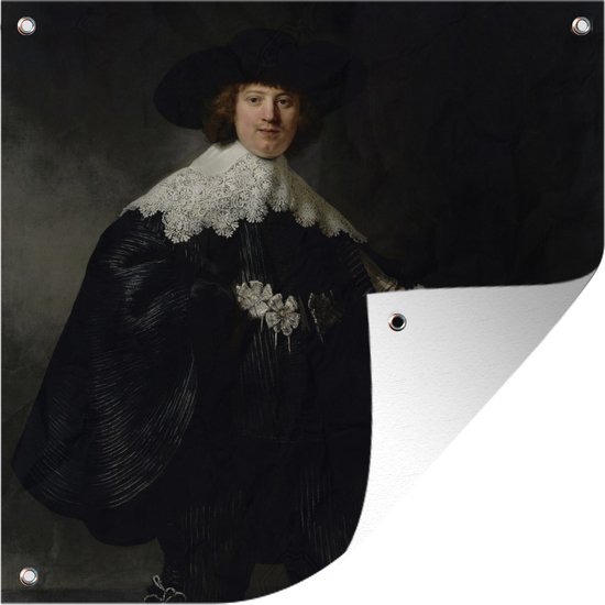 Tuin poster Huwelijksportret van Marten Soolmans - Schilderij van Rembrandt van Rijn - 200x200 cm - Tuindoek - Buitenposter