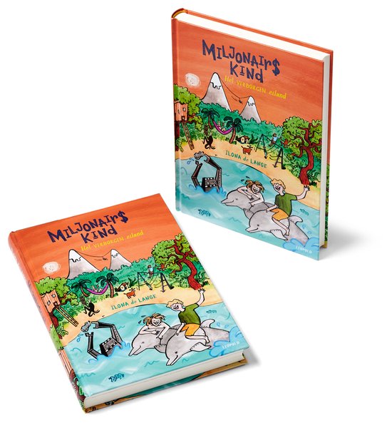 Twee kinderboeken met dezelfde illustratie van een tropisch eiland, bergen, spelende kinderen en dolfijnen op de voorkant.