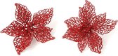 2x stuks decoratie kerstster bloemen rood glitter op clip 18 cm - Decoratiebloemen/kerstboomversiering/kerstversiering