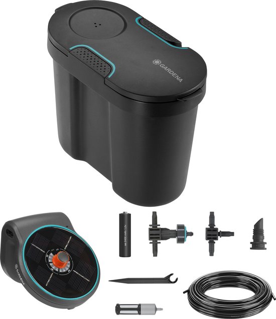 Automatisch bewateringssysteem GARDENA AquaBloom met waterreservoir 10,5L voor 20 potplanten, zonne-energie, 14 programma’s