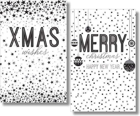 Twee kerstkaarten in zwart-wit met sterren- en stippenpatronen en teksten zoals XMAS wishes en MERRY christmas.