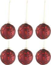 Doos Van 6 Kerstballen Blaadjes Glitter Glas Mat Kerstrood Small