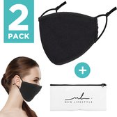 New Lifestyle Set van 2x Mondmasker zwart + reisetui wit - Mondmasker - 100% Katoen - Herbruikbaar - Zwarte Mondkapjes - Mondkapje wasbaar - Verstelbaar - Zwarte Mondmaskers - One size