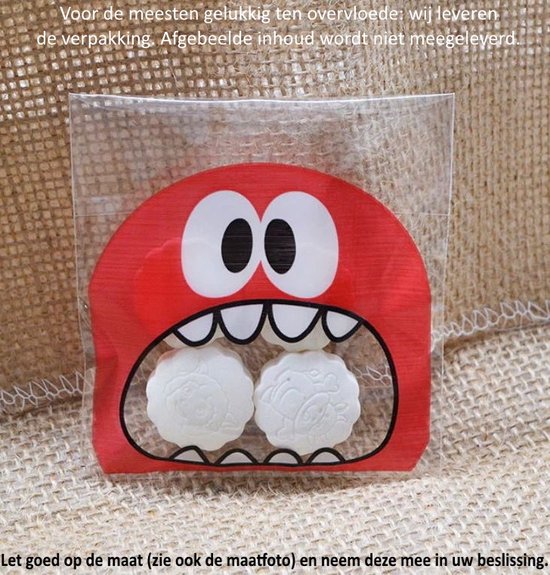 50 Uitdeelzakjes Monster Design Rood 10 x 10 cm met plakstrip - Cellofaan Plastic Traktatie Kado Zakjes - Snoepzakjes - Koekzakjes - Koekje - Cookie Bags Monster