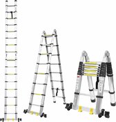 Opklapbare Telescopische Ladder (2.5M + 2.5M) - 5M - 16 Stappen - Aluminiumlegering - Telescopische Ladder - Opvouwbare Ladder - Met 2 Wielen