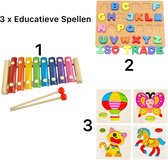 3-Pack Houten Spellenbundel-Educatief Speelgoed-Hout Puzzel Spellenset-Xylofoon Met Slaghoutjes-Kleurrijk-Alfabet-Legpuzzel Ballon / Vlinder / Kat / Paard-Kinderpuzzel