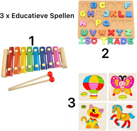 Afbeelding van het spel 3-Pack Houten Spellenbundel-Educatief Speelgoed-Hout Puzzel Spellenset-Xylofoon Met Slaghoutjes-Kleurrijk-Alfabet-Legpuzzel Ballon / Vlinder / Kat / Paard-Kinderpuzzel