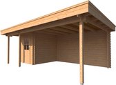 Blokhut met overkapping plat dak 200 x 250 + 100 / 400 x 350cm