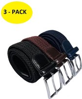 THL Design 3 - Pack - Elastiek Riemen - Elastische riem - Gevlochten - Stretch - Dames / Heren - Zwart, Donkerblauw en Donkerbruin - Lengte Totaal 115 cm