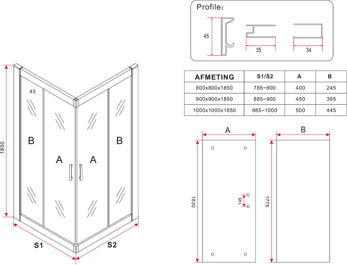 Diamond Line Enza Douchecabine 100x100 Vierkant Mat Zwart